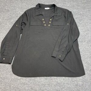 Calvin Klein Womens 1X Black Blouse Gold Accent Button Sleeve Plus Size